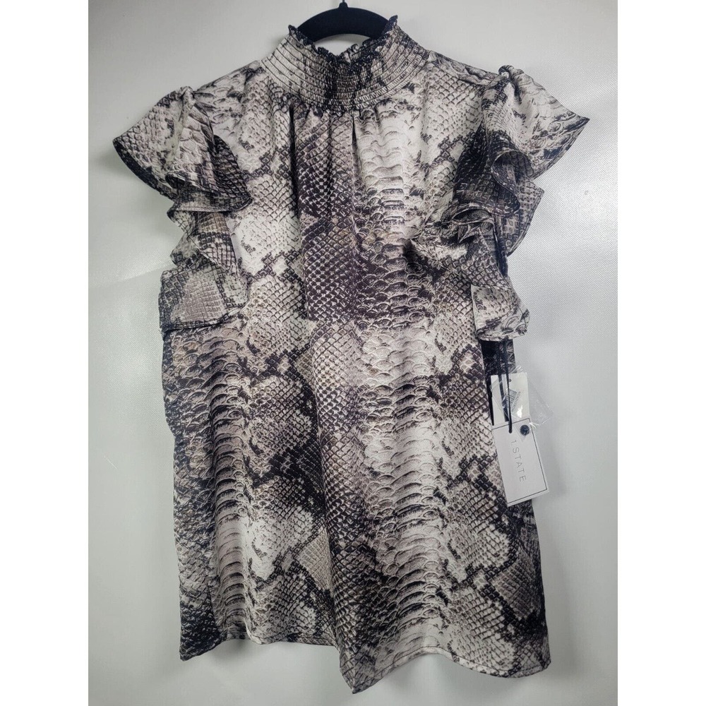 1. State Brown Snakeskin Flutter Sleeve Mock Neck Blouse XS